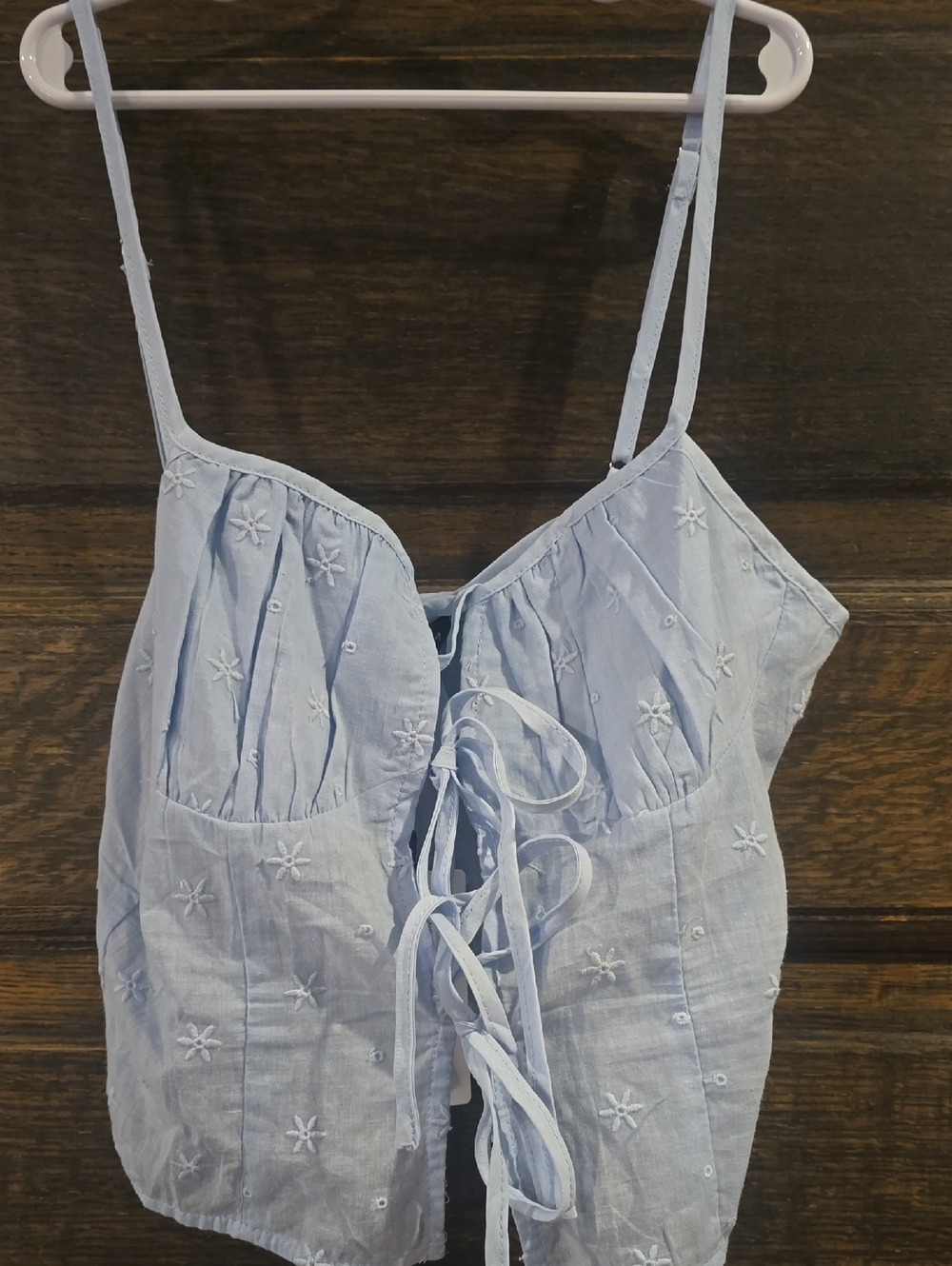 Cotton Candy Light Blue Embroidered Tie-Front Tank Top